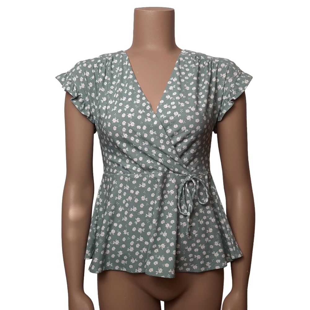 MONTEAU Green Flowy Wrap Top with White Florals and Flutter Sleeves - Size S